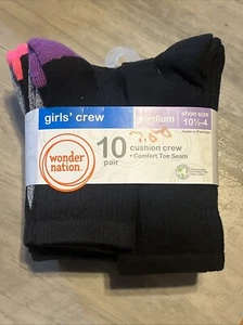 10 Pair Girls Cushion Crew Socks Shoe Size 10.5-4 Comfort Toe Seam Wonder Nation - Picture 1 of 3