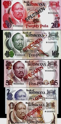 Botswana 1 2 5 10 20 PULA P-1 2 3 4 5 ND 1979 Specimen Set UNC Currency BANKNOTE - Image 1 of 4