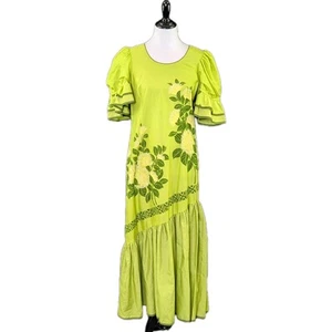 VTG T & L Muumuu Factory Puffy Sleeve Dress Maxi Size Green Floral SIZE 11-12 - Picture 1 of 13