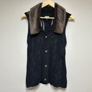 J. Jill Sweater Vest Womens S Black Cable Knit Faux Fur Collar Sleeveless Button - Picture 1 of 11