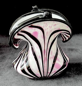 Mariano Hand Blown Vintage Art Glass Pink Black & White Hand Bag Shaped Vase - Picture 1 of 12