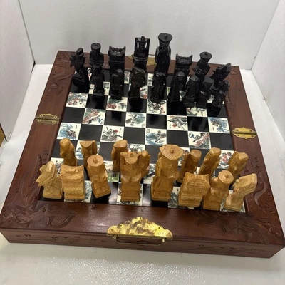 Antique Japanese Chess Set Folding Board Game Case Vtg Asian Chinese Hand Carved - Image 1 of 4