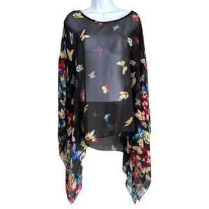 Damen transparenter Schmetterling Chiffon Kaftan Poncho schwarz Einheitsgröße Festival Rave Boho - Bild 1 von 6