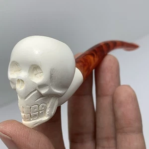 Pipa para fumar calavera de espuma de mar, tallada a mano, tallo color caparazón de tortuga - Imagen 1 de 21