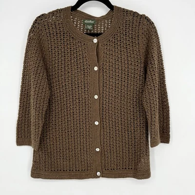 Cárdigan de punto abierto marrón mezcla de algodón de lino ganchillo Eddie Bauer vintage Foto 1 de 4