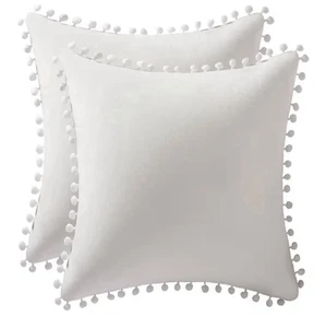 2 Pack White Square Throw Pillow Covers with Pom Pom Fringe 20” x 20” - Picture 1 of 2