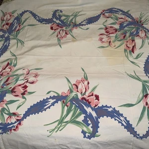 Vintage pink and Blue Tulips tablecloth 50x58 - Picture 1 of 4