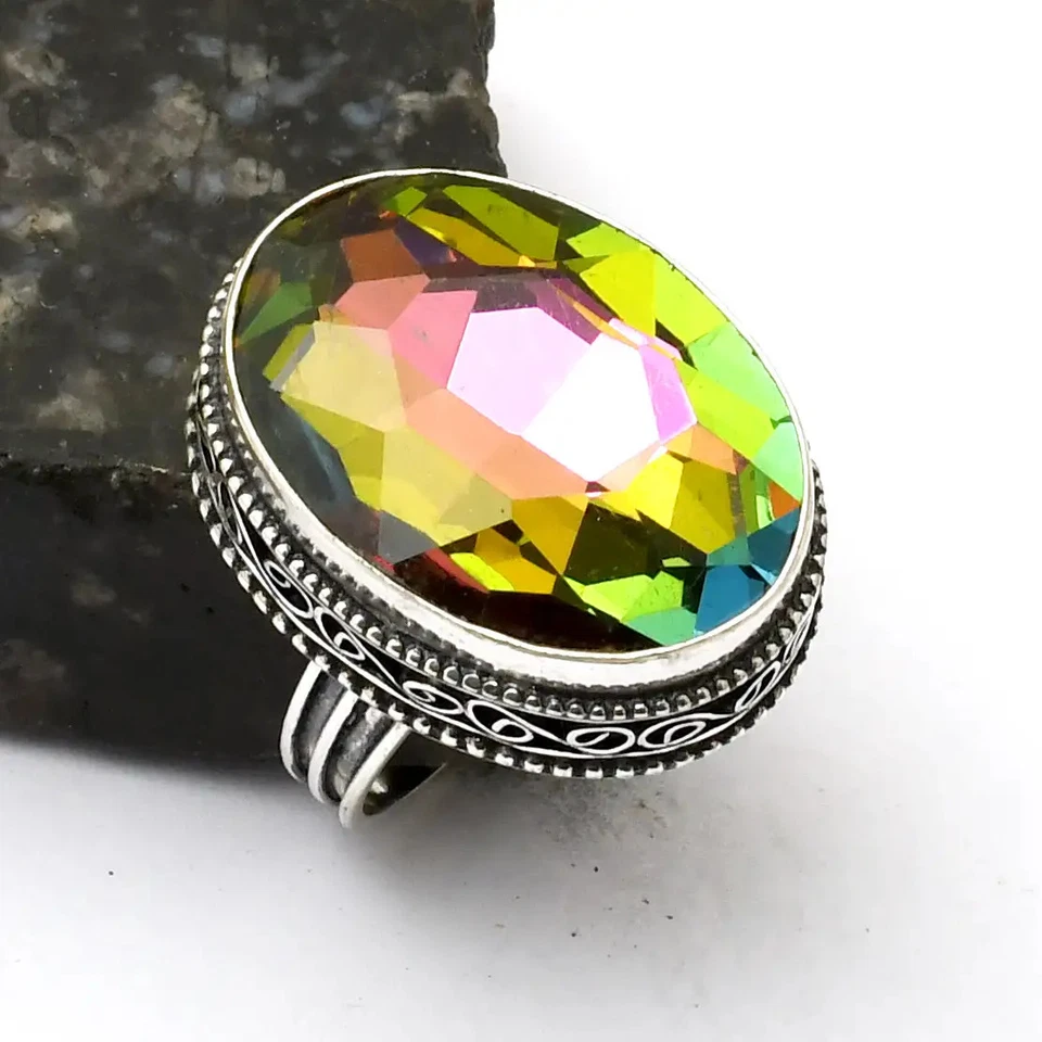 Mystic Topaz Gemstone Handmade Antique Design Ring Jewelry US Size-8.5 AR 26071 - Image 1 of 1