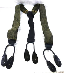 VTG CAS W Germany Silk Olive Green & Black Suspenders With Stylish Abstract Figu - Picture 1 of 5