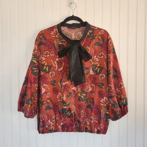 MARC NEW YORK Rust Floral Faux Leather Neck Tie Blouse Top Medium - Picture 1 of 6