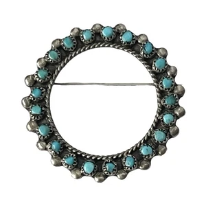Zuni Sterling Silver Snake Eyes Turquoise Round Wreath Brooch Pin Signed Rae Vtg - Picture 1 of 6