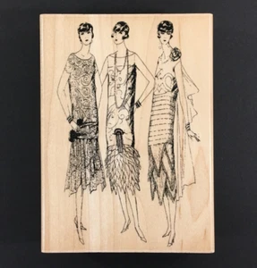 Hampton Art Stamps Lady Trio Retro 1920's Fashion Wood Mounted Rubber Stamp USED - Picture 1 of 6