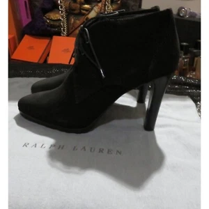 Ralph Lauren Purple Label Chesire Black Calfskin Suede Lace Up Heeled Booties 7 - Picture 1 of 14