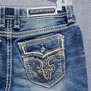 NWOT Rock Revival Jeans Womens 30 PEACOAT Easy Boot Rhinestones Metallic Stitch - Picture 1 of 13