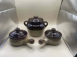 VTG 3 PC Stone Ware - Bean PotW/handles -lid & 2 Bowls W/Lids - Picture 1 of 8