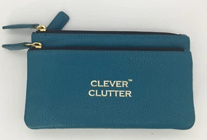 CLEVER CLUTTER LEATHER 3 Zipper Wallet Pouch Teal Coin Purse Small Organizer - Picture 1 of 7