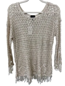 Rue21 Crochet Pullover Sweater Size Large Open Knit Fringe Trim Fairy Boho NEW - Picture 1 of 6