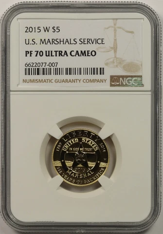 2015-W U.S. Marshals Service $5 NGC PF 70 Ultra Cameo Gold Modern Commemorative Cover