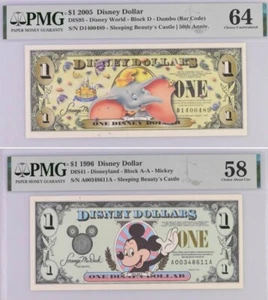 2005 $1 Disney Dollar Dumbo (Bar Code) PMG 64 & 1996 $1 Disney Dollar PMG 58 - Picture 1 of 2