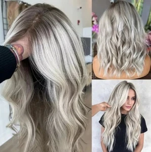 Peluca de cabello humano frontal de encaje rubio ceniza raíces oscuras pelucas transparentes pre arrancadas - Imagen 1 de 12