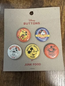 Mickey Mouse Retro Botones Por Comida Chatarra Set 5 Pines Disney 90 Aniversario NUEVO - Imagen 1 de 3
