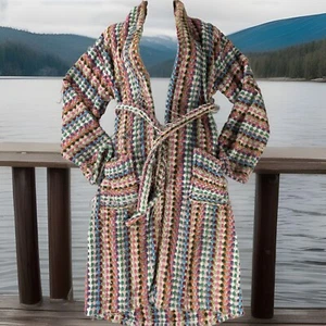 Vtg 90s Distressed Chenille Robe with Belt & Pockets Unisex Woven Hobo Boho Sz S - Picture 1 of 7
