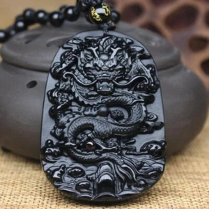 Collier avec pendentif Dragon en Obsidienne Noire - Foto 1 di 2