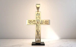 14K Solid Gold 3" Long HEAVY Jesus Cross 17.50 Grams Heavy Crufix BIG Pendant - Picture 1 of 7