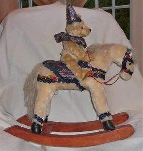 Wooden base circus dressed rocking horse with separate plush riding bear - Picture 1 of 7
