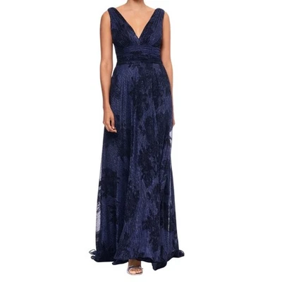Betsy & Adam Flock Floral Metallic Crinkle Gown dress navy blue size 10 - Image 1 of 4