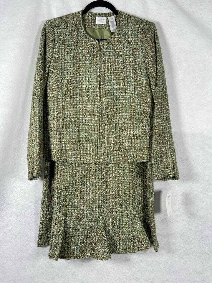 Emma James 2 piezas Falda Traje Mujer Pequeño 10P Verde Marrón Tweed Cremallera Completa Forrada Nuevo Foto 1 de 4