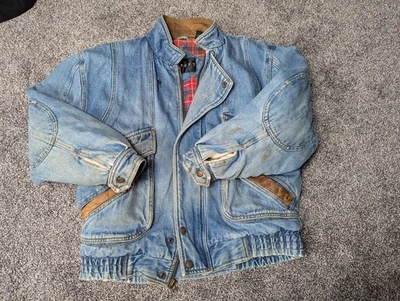 Vintage Context Mens Bomber Jacket Size Medium Denim Plaid Lined Leather Trim - Image 1 of 4