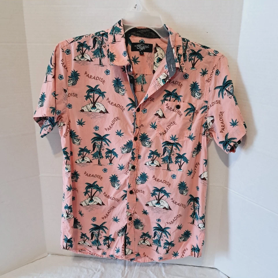 Eighty Eight Men's Pink Palm Tree Island Skull Hawaiian Shirt Large 100% Cotton - Image 1 of 4