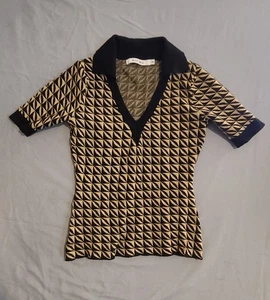 Women's Black & Tan Houndstooth Collared V Neck Short Sleeves XSmall - Picture 1 of 2