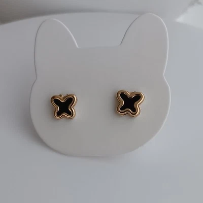 Серьги-гвоздики из желтого золота 18 карат с бабочками 6 мм черный оникс детские взрослые унисекс НОВЫЕ  - Изображение 1 из 4