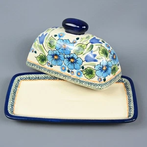 Plato de mantequilla Ballina de cerámica polaca única rosa azul cubierto floral europeo - Imagen 1 de 8