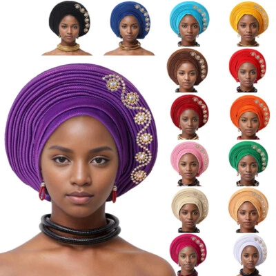 African Nigerian Auto Gele Headtie Turban Cap for Women Muslim Head Wrap Hijab - image 1 of 4
