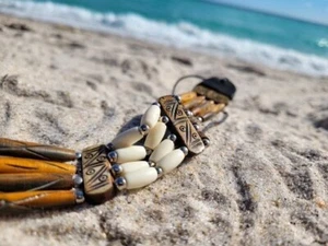 Neu Halsband Halskette Büffelknochen 4-reihig braun Haarpfeife Indianer Stil Boho - Bild 1 von 8