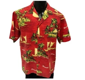 Vtg 60's Royal Creations Red TIKI Huts Hawaii Island Gold Ships Hawaiian Shirt - Picture 1 of 9
