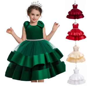 Flower Girl Dress Lace Princess Bow Kids Bridesmaid Wedding Birthday Party Gown - Picture 1 of 19
