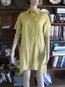 W BY WORTH Mustard gold 100% LINEN SHORT SL BUTTON UP ASYMETRICAL HEM DRESS SZ P - Picture 1 of 10