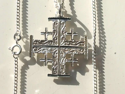 BEAU PENDENTIF / CROIX DE JERUSALEM ANCIENNE + CHAÎNE 50cm / En ARGENT - Photo 1/4