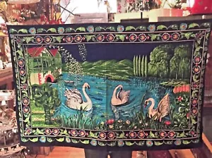 Vtg Swan In Garden House Lake Tapestry Made In Turkey Wall Hanging 100% Cotton - Picture 1 of 8