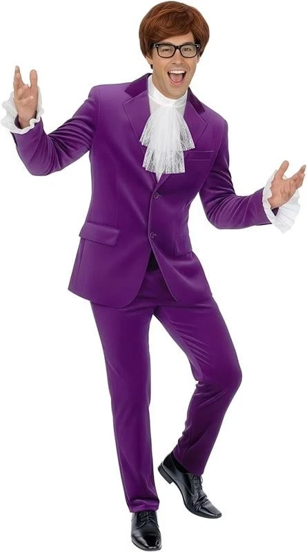 Fantasia masculina Austin Powers anos 60 adulto roxo gigolo filme terno espião Halloween - Imagem 1 de 4