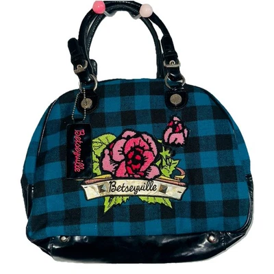NUEVO CON ETIQUETAS Y2K Betsy Johnson Azul Cuadros Bowler Bolso de Mano Cartera Rockabilly Pin Up Foto 1 de 4