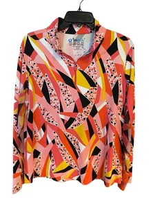Ibkul Sz XL Vibrant Orange Geometric Print Pickleball Sporty Long Sleeve Polo - Picture 1 of 10