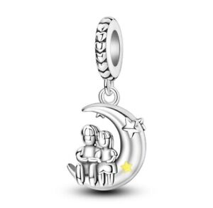 Fashionable 925 Sterling Silver Yellow Star Moon Couple Love Dangle Charm