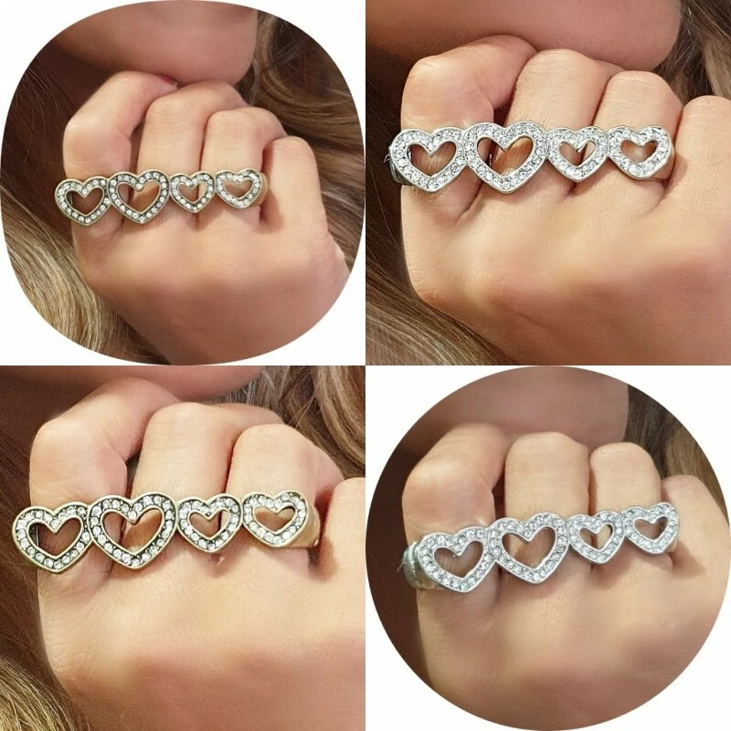 Donna Rap Cantante, Mobster, Gangster Stile, 3-Dita Amore Cuori Cristallo Anello - Immagine 1 di 4