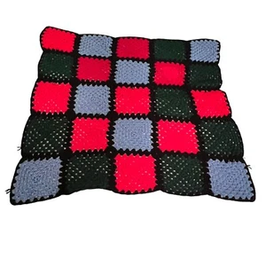 Granny Square 46"x43" Crochet Afghan Lap Blanket Throw Handmade Red Green Black - Picture 1 of 8