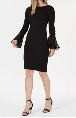 CALVIN KLEIN CHIFFON BELL SLEEVE SHEATH DRESS, BLACK, SIZE 8 NWT - Image 1 of 4
